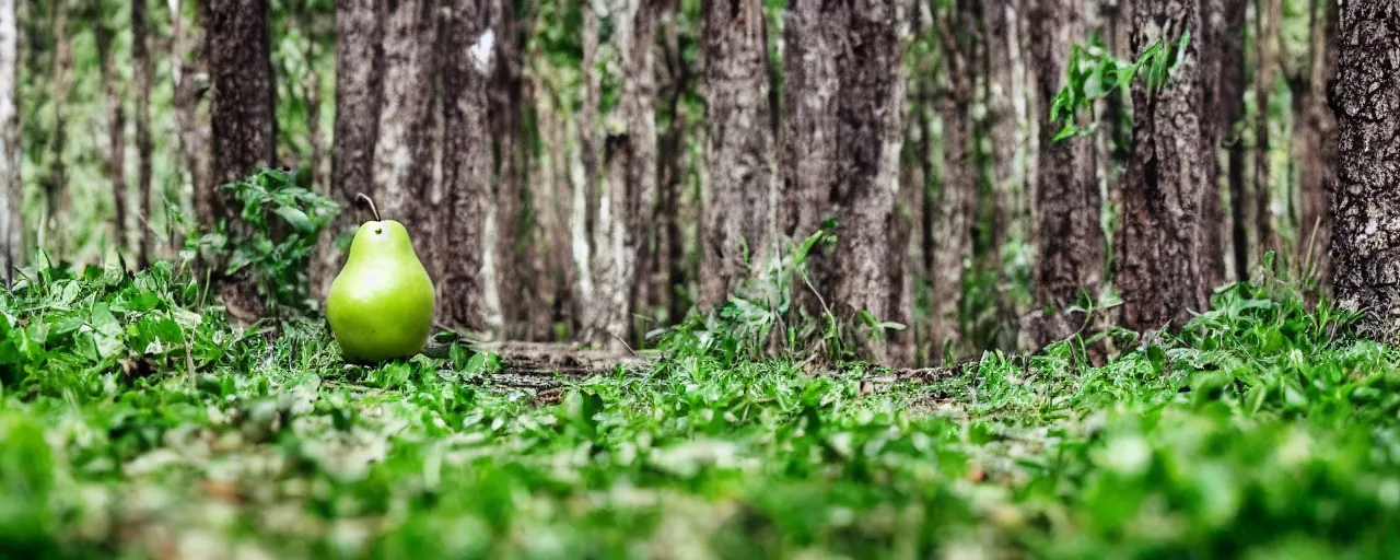 Prompt: a cute green pear animal walking in front of a forest, and looking at the camera; nature photography