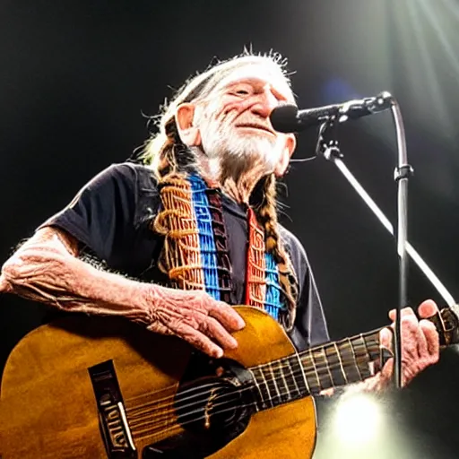 Image similar to willie nelson on stage, detailed image, four fingers holding guitar. god rays through fog.