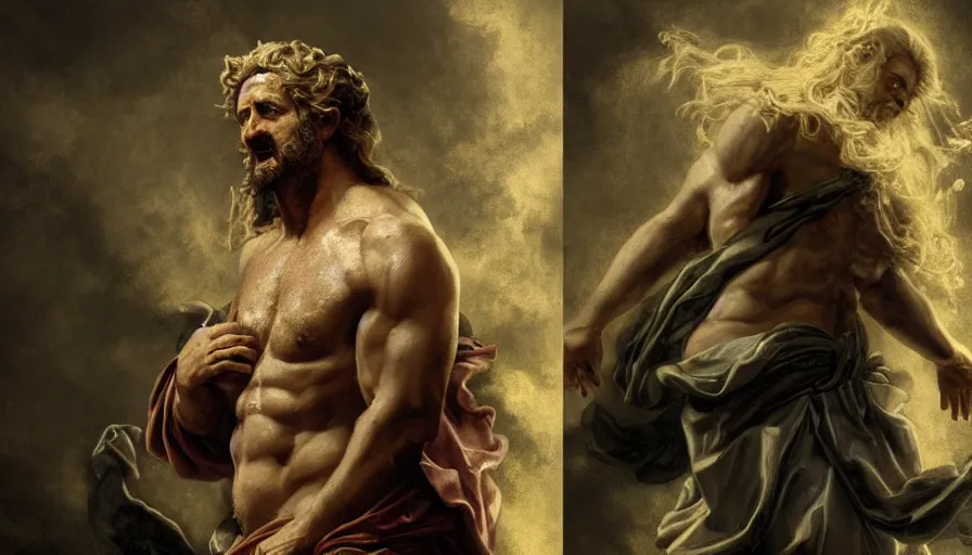 Image similar to Baroque painting of Gerard Butler as Zeus, hyperdetailed, artstation, cgsociety, 8k