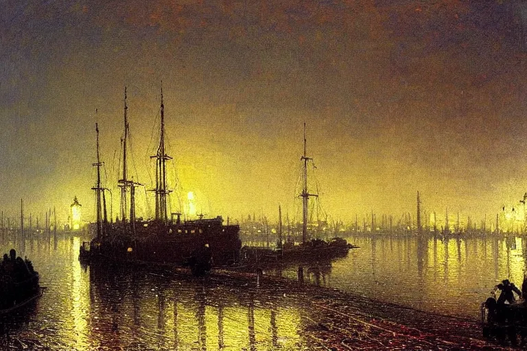 Prompt: victorian harbour night, a beautiful painting by atkinson grimshaw, autumn,