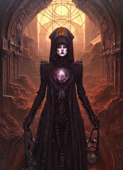 Image similar to portrait of necromancer, hyper detailed masterpiece, dystopian background, jean giraud, digital art painting, darkwave goth aesthetic, lovecraftian, artgerm, donato giancola and tom bagshaw