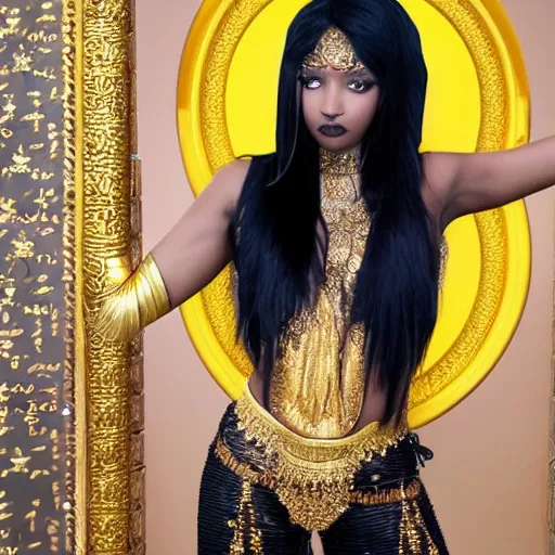 Image similar to aesthetic!!!!!! Female genie in Arabic clothing, black skin, long black hair, gold tint, frontal pose, super resolution, graphex camera!!!!!!!!!!!! Full-length view,