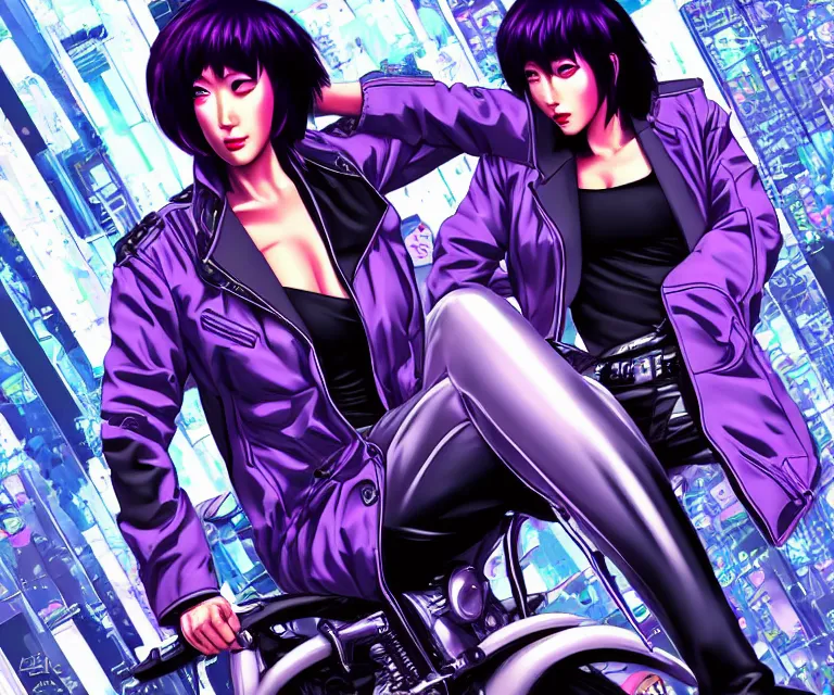 Image similar to motoko kusanagi riding a cyberpunk vehicle in a grungy cyberpunk megacity, bosozoku gang war, cyberpunk vaporwave, by phil jimenez, artgerm, sola digital arts, anti aliasing, raytracing