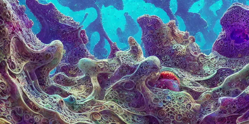 Image similar to of an intricate sea reef with strange cute friendly happy creatures with huge eyes, mouth, long tongue, round teeth and goofy face, appearing from the background, in the style of gehry and gaudi, macro lens, shallow depth of field, ultra detailed, digital painting, trending artstation, concept art, illustration, cinematic lighting, photorealism, epic, octane render