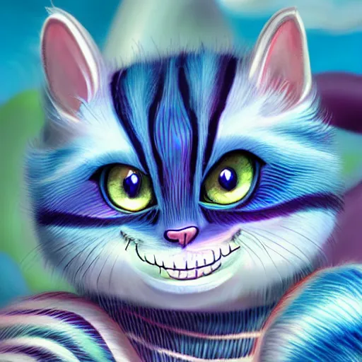 Image similar to cute blue striped cheshire cat. an adorable cat with light blue stripes, blue eyes and a mischievous smile. stunning digital art by eva balloon. fluffy, soft