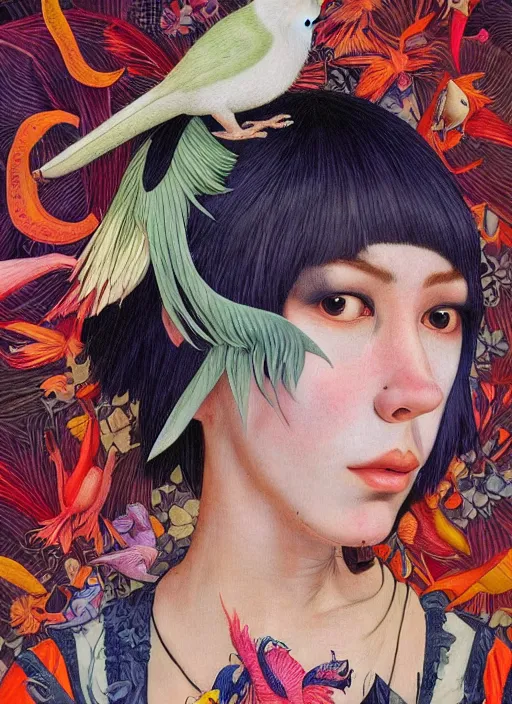 Image similar to an awkward punk woman with a crooked nose, cat eye, botanical, birds of paradise, portrait face, colorful, kupka, intricate, miles johnston, kuroda seiki, ozabu, godward, painterly, yoshitaka amano, moebius, miles johnston, louise zhang, james jean, mark ryden lowbrow pop surrealism art style