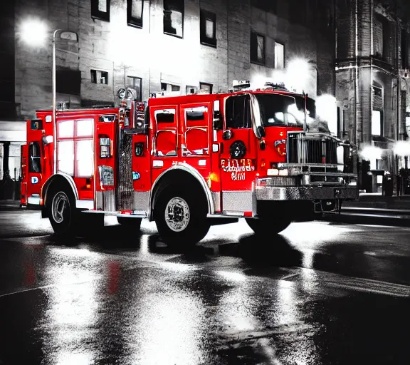 Image similar to A firetruck at night, city streets, back view, off angle, rule of thirds, dark shading, flashing lights, wet reflective concrete, city, photograph, award winning, deviantart