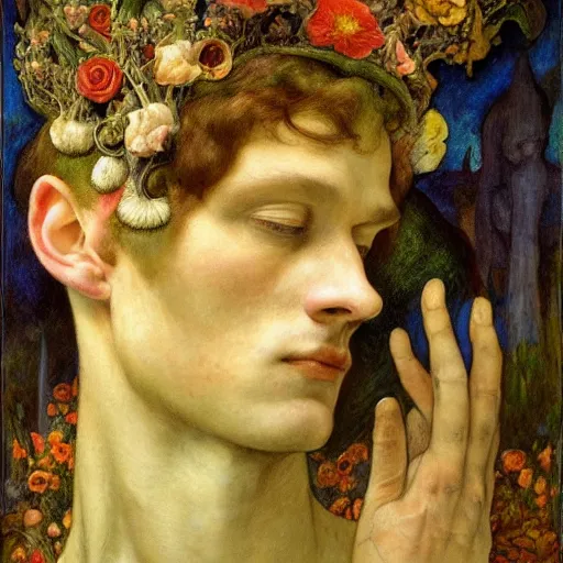 Image similar to the flower prince wearing the bone crown, by Annie Swynnerton and Diego Rivera and Elihu Vedder, symbolist, dramatic lighting, elaborate geometric ornament, Art Brut, soft cool colors,smooth, sharp focus, extremely detailed, Adolf Wölfli and Evelyn De Morgan