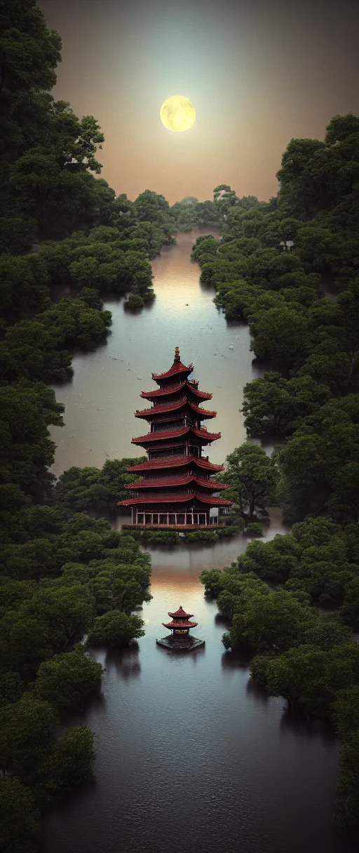 Image similar to kodak portra 4 0 0 photographic and realistic, ancien chinese tower, temple, night, moonlight, detailed, octane render, unreal engine, 4 k, artstation, hyper realistic, wide angle, floor flooded, how a river, objects that float, 3 5 mm, sharp focus, soft light, volumetric light, in the style of gregory crewdson