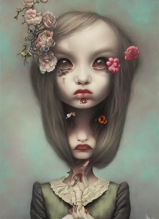 Image similar to pop surrealism, lowbrow art, realistic cute alice girl painting, japanese street fashion, hyper realism, muted colours, rococo, tom bagshaw, mark ryden, trevor brown style