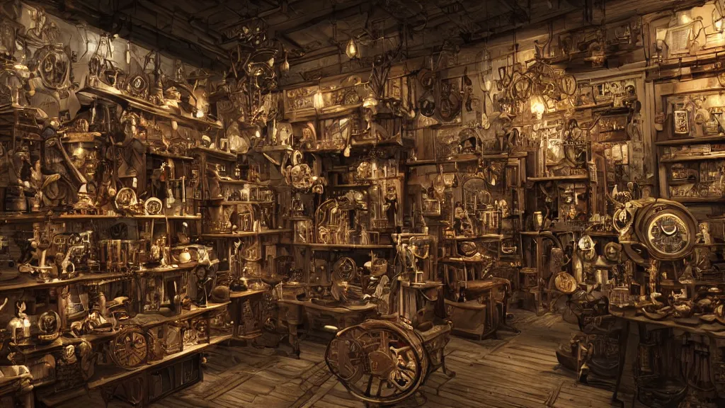 Prompt: A steampunk store, by Lee Fitzgerald, ultra detailed displays of weapons and clockwork machinations densely packed on shelves, volumetric lighting, 8k, unreal engine, trending on artstation