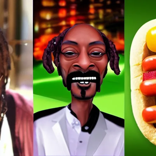 Image similar to a hotdog with the face of snoop dogg inside it