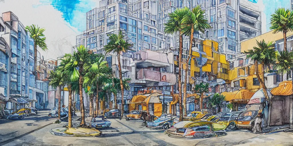 Image similar to street artists. painting of rounded bauhaus buildings in a junction in dizingof center in tel aviv. highly detailed. pen drawing painted with watercolors. colorful. low buildings. palm trees. super realistic. fluffy