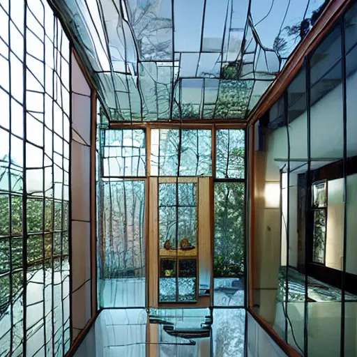 Prompt: a house made entirely of glass. glass furniture, glass walls, glass ceiling, glass floor, glass decor, glass people