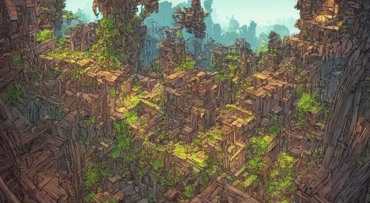 Image similar to open door wood wall fortress greeble block amazon jungle on portal unknow world ambiant fornite that looks like it is from borderlands and by feng zhu and loish and laurie greasley, victo ngai, andreas rocha, john harris