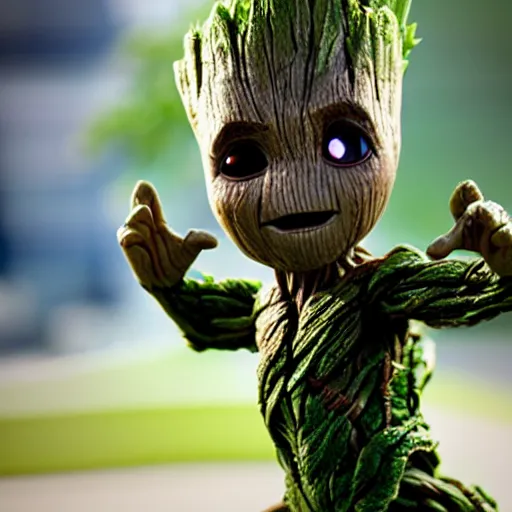 Image similar to baby groot getting bigger, meaner and transforming into hulk, dc universe, bokeh, high quality dof