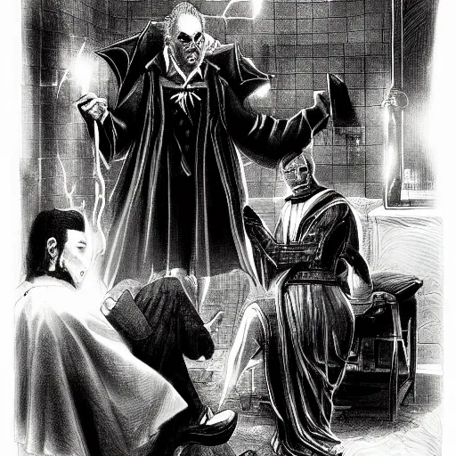 Image similar to dracula getting a haircut, digital art, highly detailed, epic composition, cinematic lightning