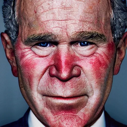 Image similar to An Alec Soth portrait photo of George W. Bush with bright red glowing eyes, sweat is glistening on his face