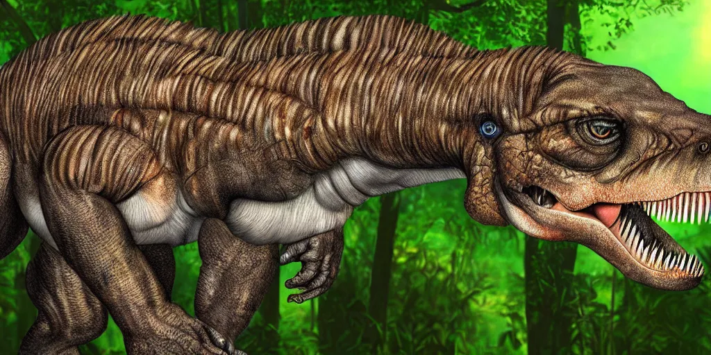 Image similar to photo realism, tyrannosaurus rex cat hybrid, jungle background, 4 k, detailed