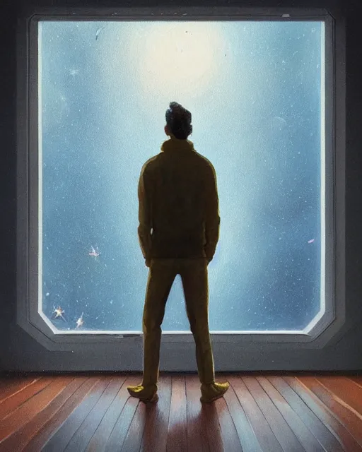 Image similar to beautiful painting of a a person standing on a wooden floor in front of a window, poster art by mor than, cgsociety, space art, sci - fi, cosmic horror, sense of awe, art by mike winkelmann, sky night, illustration, highly detailed, simple, smooth and clean vector curves, no jagged lines, vector art, smooth, artstation