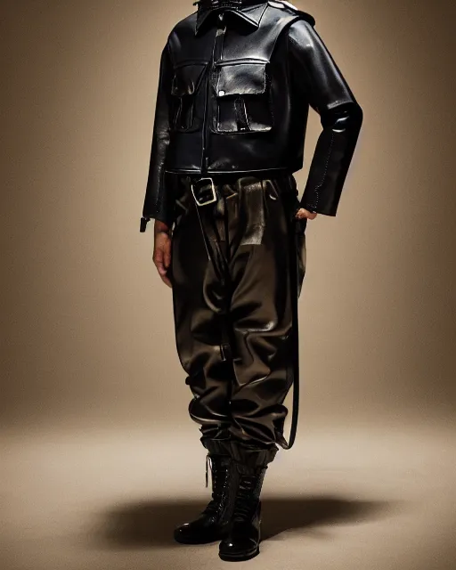 Image similar to an award - winning editorial photo of an irradecent extremely baggy cropped short ancient medieval designer menswear leather police jacket with an oversized collar and baggy bootcut trousers designed by alexander mcqueen, 4 k, studio lighting, wide angle lens