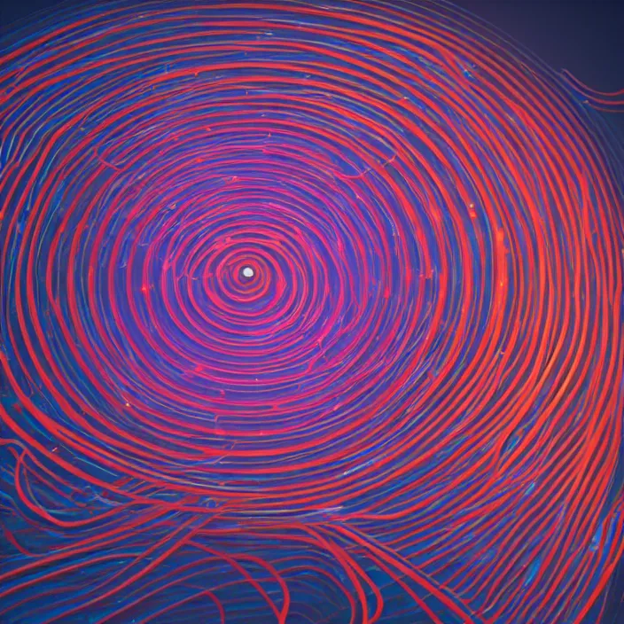 Image similar to surrealist art featuring concentric circles, lasers, flowing curves, gradients, grainy, glowy lighting, matte colors, trending on artstation