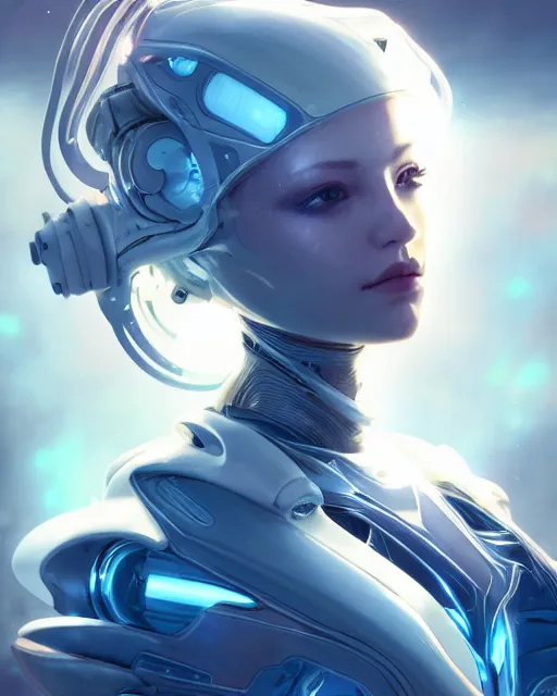 Image similar to perfect android girl on a mothership, warframe armor, beautiful face, scifi, futuristic, galaxy, nebula, raytracing, dreamy, long white hair, blue cyborg eyes, sharp focus, cinematic lighting, highly detailed, artstation, divine, by gauthier leblanc, kazuya takahashi, huifeng huang