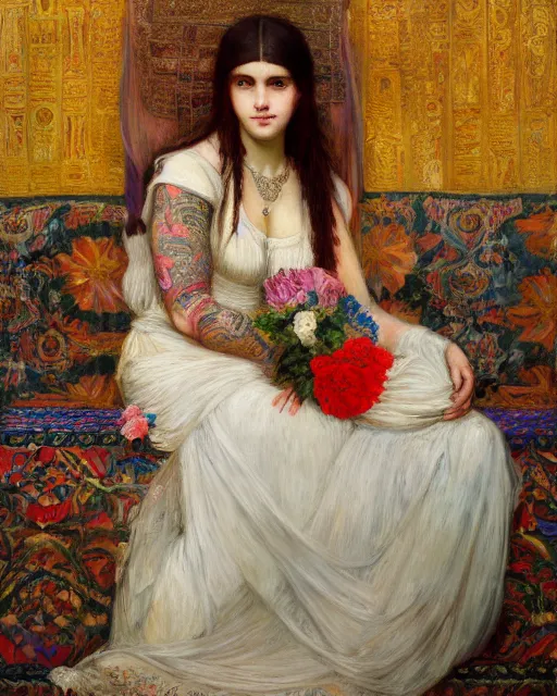 Image similar to a beautiful girl in a wedding dress with colourful tattoos surrounded by colourful flowers orientalist intricate portrait by john william waterhouse and edwin longsden long and theodore ralli and nasreddine dinet, oil on canvas. cinematic, hyper realism, dramatic lighting, high detail 8 k