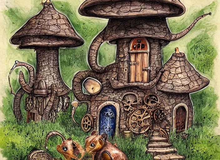 Image similar to Family of rats in front of a steampunk mushroom house, fantasy illustration by tony diterlizzi