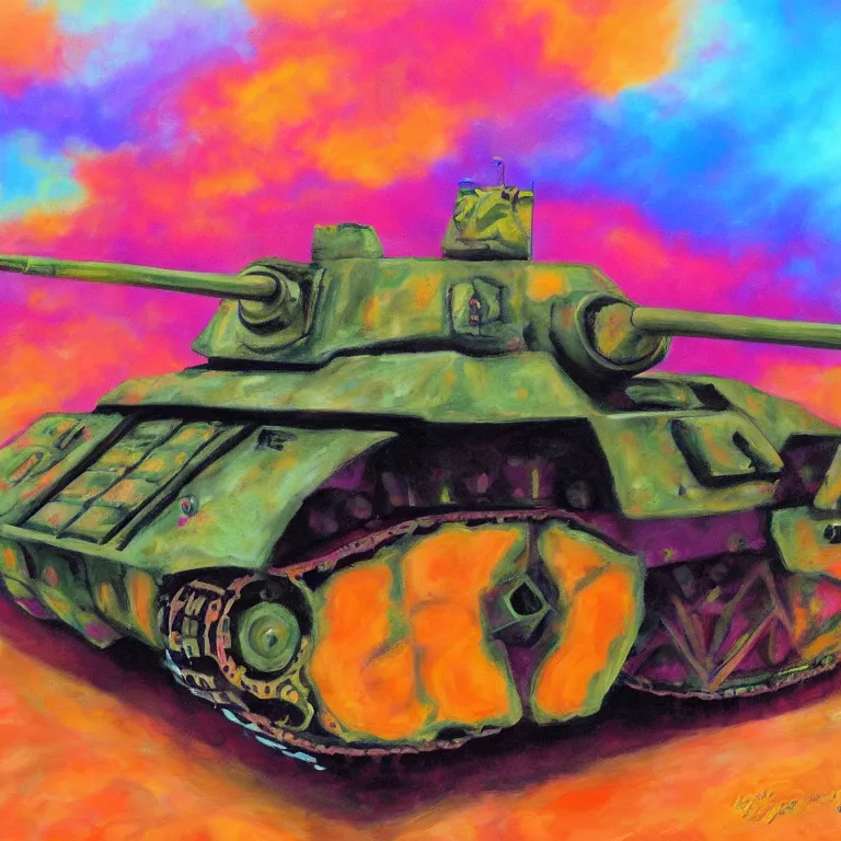 Prompt: panzer tank on peaches, psychedelic oil painting