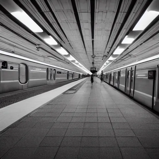 Prompt: a photo of a subway station without pillars nor benches, on either side, there are two trains speeding parallel to each other, 70mm lens, slow shutter speed, f/4, 41mm focal length, ISO 200, 4k, dramatic contrasting light, cinematic lighting, vanishing point, centered composition