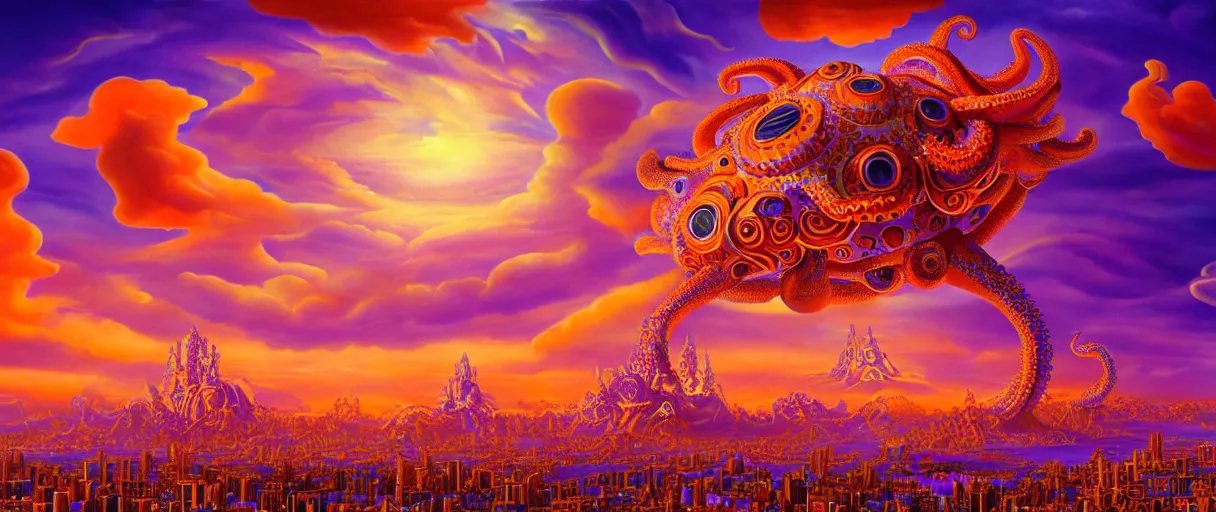 Prompt: hyper-ornate sky city built on giant orange and purple cyborg octopus puffy clouds matte painting concept art alex grey salvador dali cinematic soft orange lighting high angle hd 8k sharp shallow depth of field