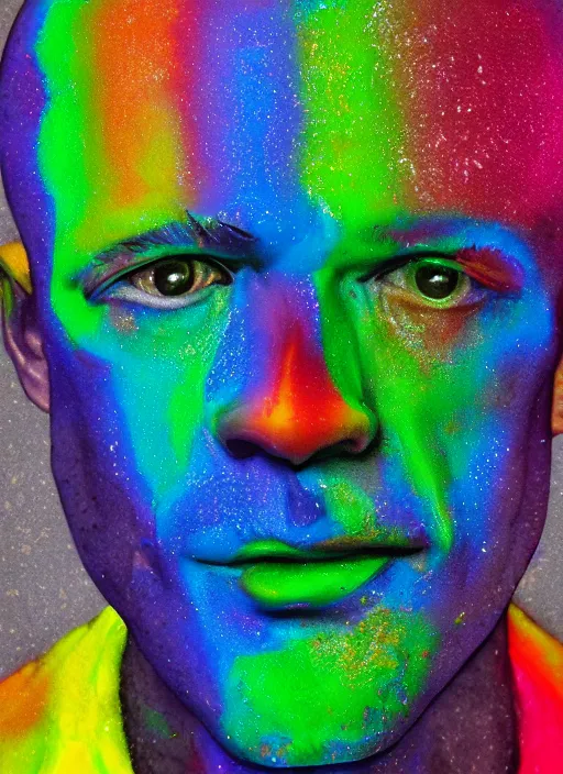 Image similar to a photorealistic portrait of a man made of rainbow wax that is melting subsurface scattering