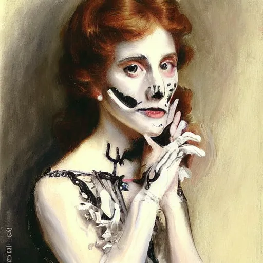 Image similar to painting portrait young woman skeleton, hello kitty, elegant, highly detailed, art by Singer Sargent