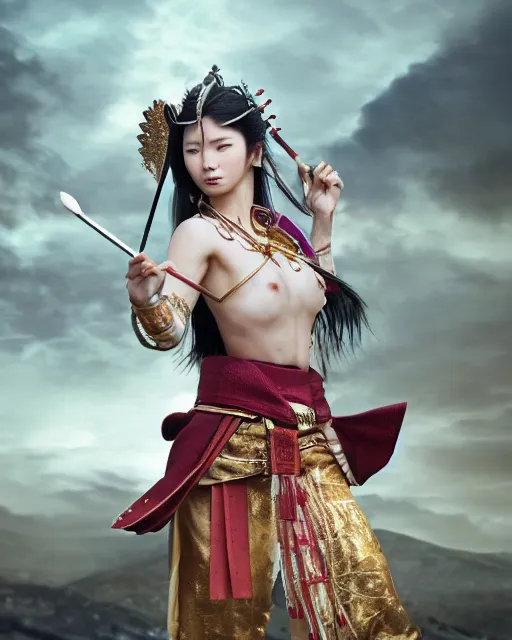 Prompt: full body portrait fashion editorial of beauty charming woman as a warrior godly princess in feudal japan making a sacrifice at the top of the Asian temple, clear makeup, clean hair, dry skin, clear skin, airbrushed, bright eye makeup, femine warrior body, photo by mario testino, 8k octane render, cinematic, hyper detailed, micro details, insanely detailed, trending on artstation, concept art, Peter Paul Rubens and Peter Mohrbacher style
