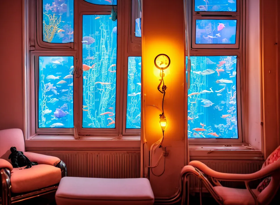 Prompt: telephoto 7 0 mm f / 2. 8 iso 2 0 0 photograph depicting the feeling of chrysalism in a cosy cluttered french sci - fi ( art nouveau ) cyberpunk apartment in a pastel dreamstate art cinema style. ( aquarium, computer screens, window ( city ), led indicator, lamp ( ( ( armchair ) ) ) ), ambient light.