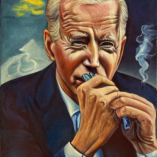 Prompt: an otto dix painting of Joe Biden smoking a cigarette