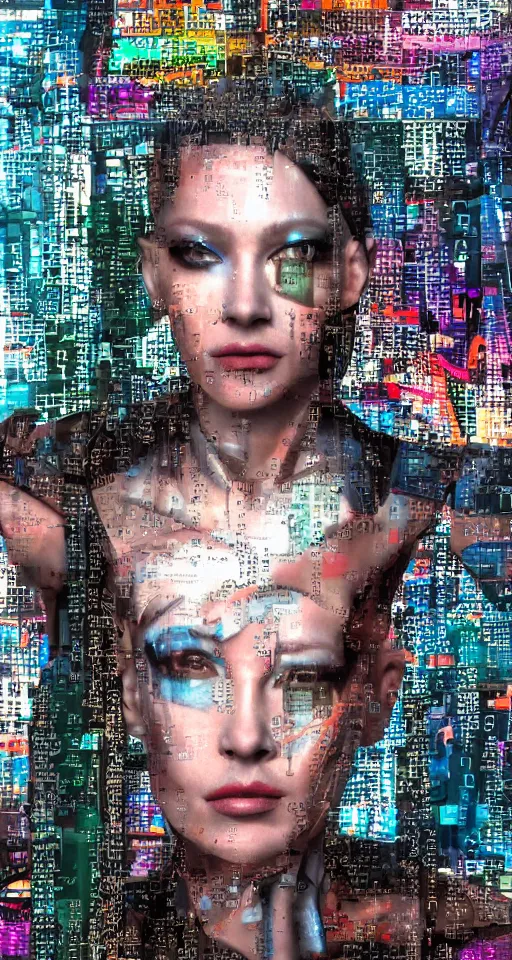 Prompt: Portrait of a Cyborg Queen, cyberpunk city back drop, Matrix Code Sky, collage art, mixed media, hypermaximalist, photo realistic, 8k
