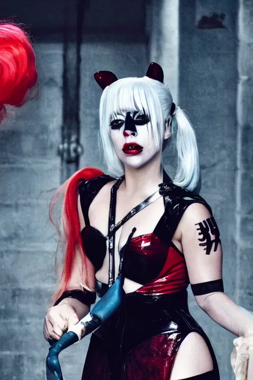 Image similar to film still of Lady Gaga as Harley Quinn in American Horror Story, 4k