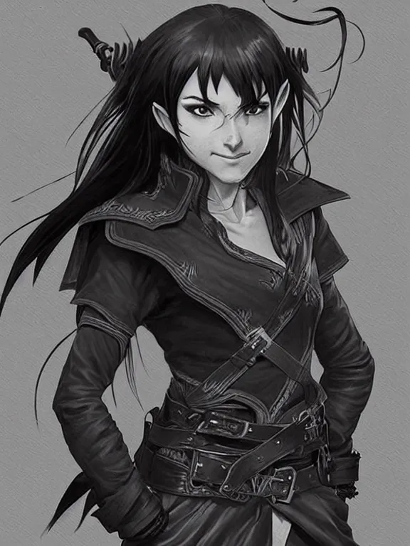 Prompt: picture of a teenager half elf monk, leather coat, black shirt, combat pose, ponytail, energetic smile, dnd, highly detailed, detailed face, grayscale, manga illustration, black and white, by artgerm, greg rutkowski, alphonse mucha