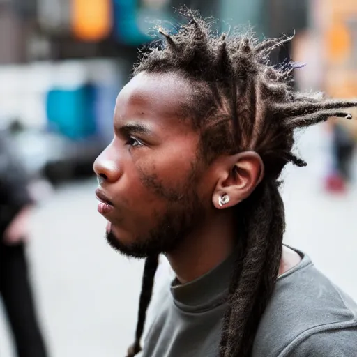 Image similar to a close up, 1 3 0 mm photo of a black boy with colored dread hair in new york street