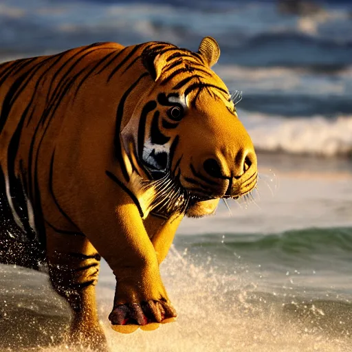 Prompt: a closeup photorealistic photograph of a cute tiger hippo playing volleyball at the beach during sunset. Surf in the background. This 4K HD image is Trending on Artstation, featured on Behance, well-rendered, extra crisp, features intricate detail and the style of Unreal Engine.