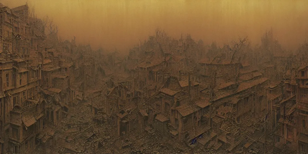 Prompt: painting of town inhabited by eldritch entities beyond human comprehension, Zdzislaw Beksinski, Lewis Jones, Wayne Barlowe, street view, gothic, lovecraftian, cosmic horror, grotesque, warm hue's