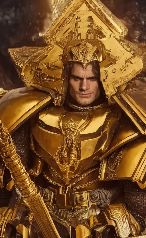 Image similar to angry Henry Cavill as warhammer 40k God-Emperor of Mankind dressed in his glowing golden power armor with no helmet. full-length portrait, beautiful face, long hair, painted by Donato Giancarlo, intricate fine armor rune details, cinematic, highly detailed, octane render