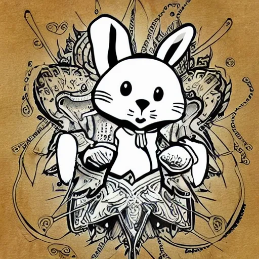 Image similar to a detailed tattoo outline of a !white rabbit!, 4k, illustration, sharp focus