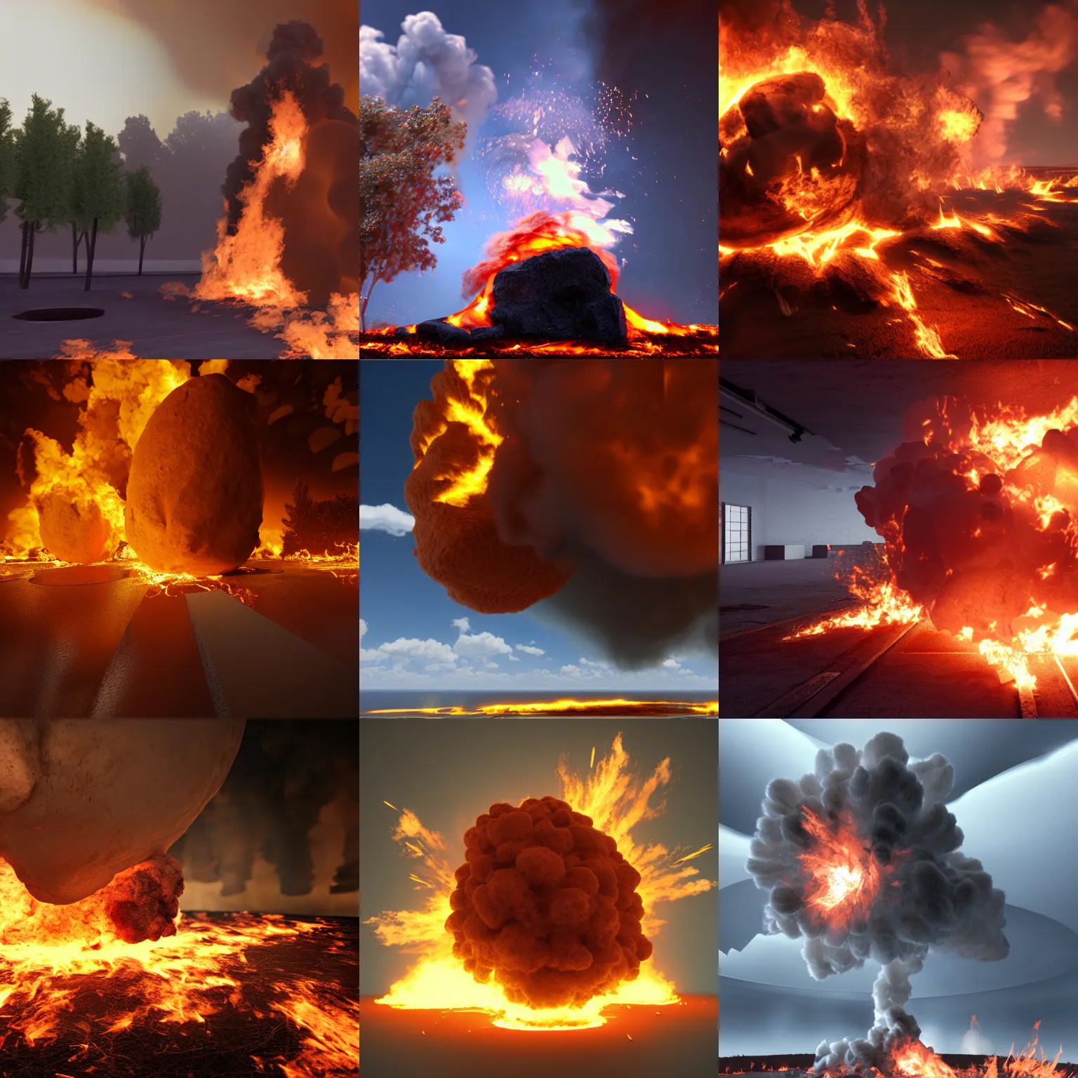 Prompt: huge explosion with fire, vray, pathtracing