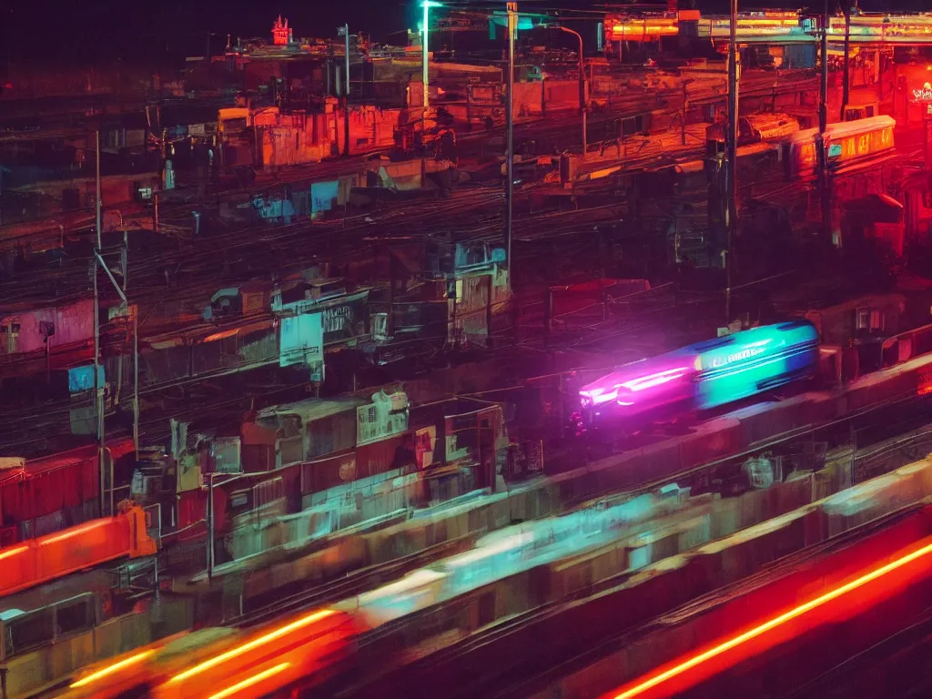 Prompt: 8 0 s neon movie still, train passing by at night while bright city is in the background, medium format color photography, 8 k resolution, arri 3 5 mm cinema, hyperrealistic, photorealistic, high definition, highly detailed, tehnicolor, anamorphic lens, award - winning photography, masterpiece