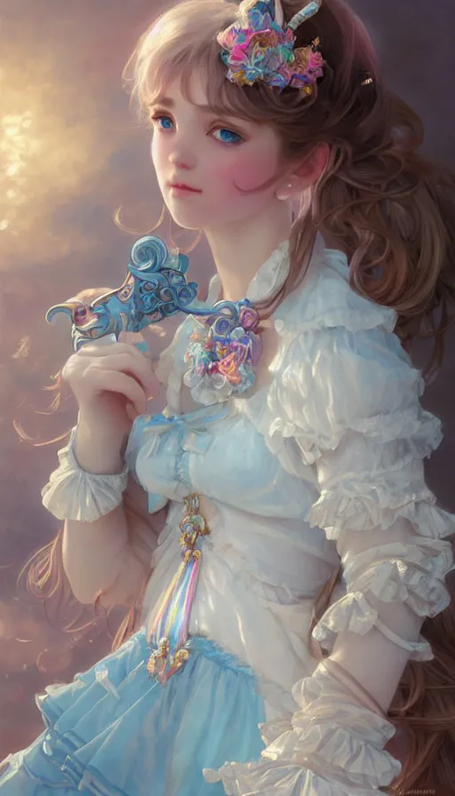 Prompt: portrait of magical lolita girl, dreamy and ethereal, light blue eyes, peaceful expression, ornate frilly dress, fantasy, intricate, elegant, rainbow bubbles, highly detailed, digital painting, artstation, concept art, smooth, sharp focus, illustration, art by artgerm and greg rutkowski and alphonse mucha