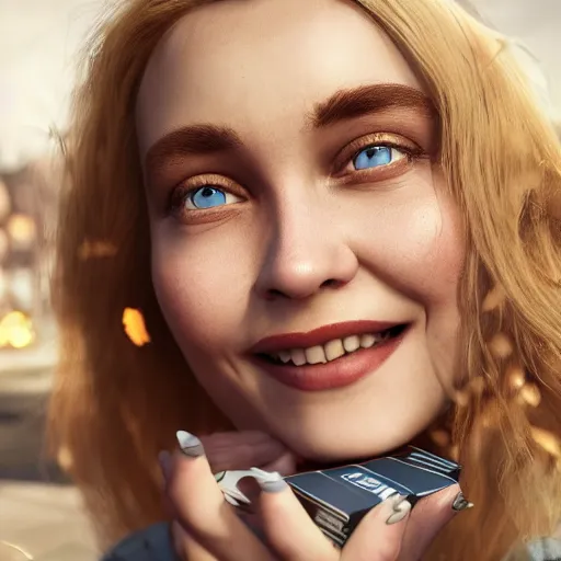 Image similar to close up of beautiful scandinavian female smiling holding xbox one s to face, stunning eyes, long blonde hair, disney pixar weta, hi - fructose, decadent highly - detailed digital painting, golden ratio, octane render, artstation, cinematic composition, smooth, sharp focus