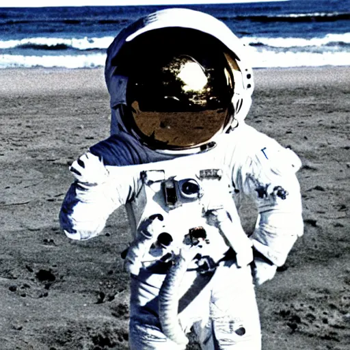 Prompt: 1 9 7 0's candid photo, highly detailed, astronaut at the beach, vibrant.